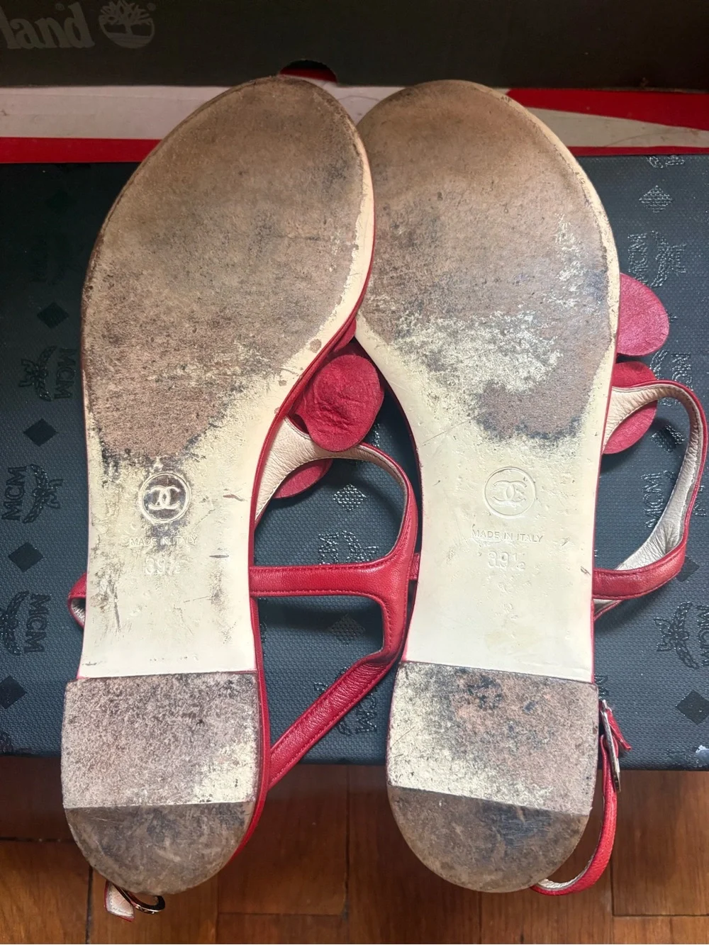CHANEL Red Camellia Leather T-Strap Sandals
